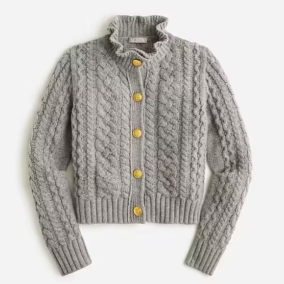 J. Crew Cable-knit ruffleneck button front cardigan sweater, wool blend Grey XL - Picture 2 of 12